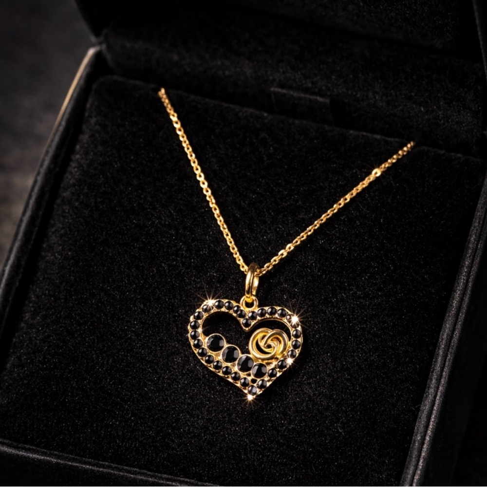 AUTHENTIC GUCCI SIGNED HEART NECKLACE-BLACK STONE CHARM-18kPLATED CHAIN ELEGANT